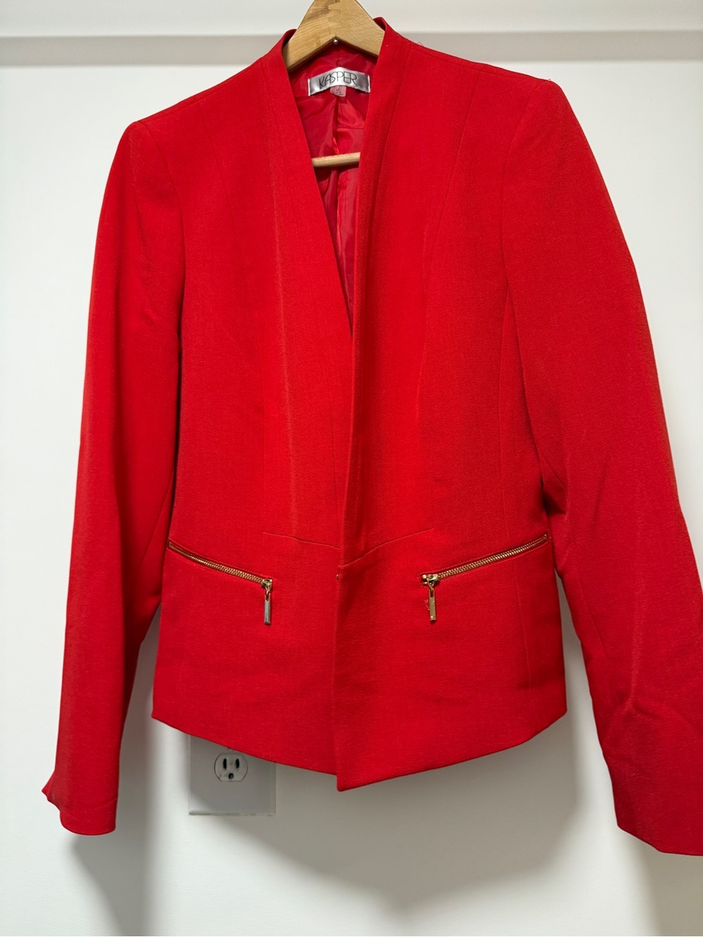 Kasper Bright Red Open-Front Blazer with Gold Zippers